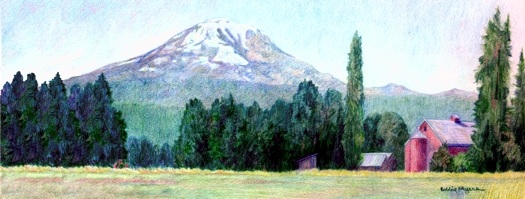 drawing of Mt Adams and red barn